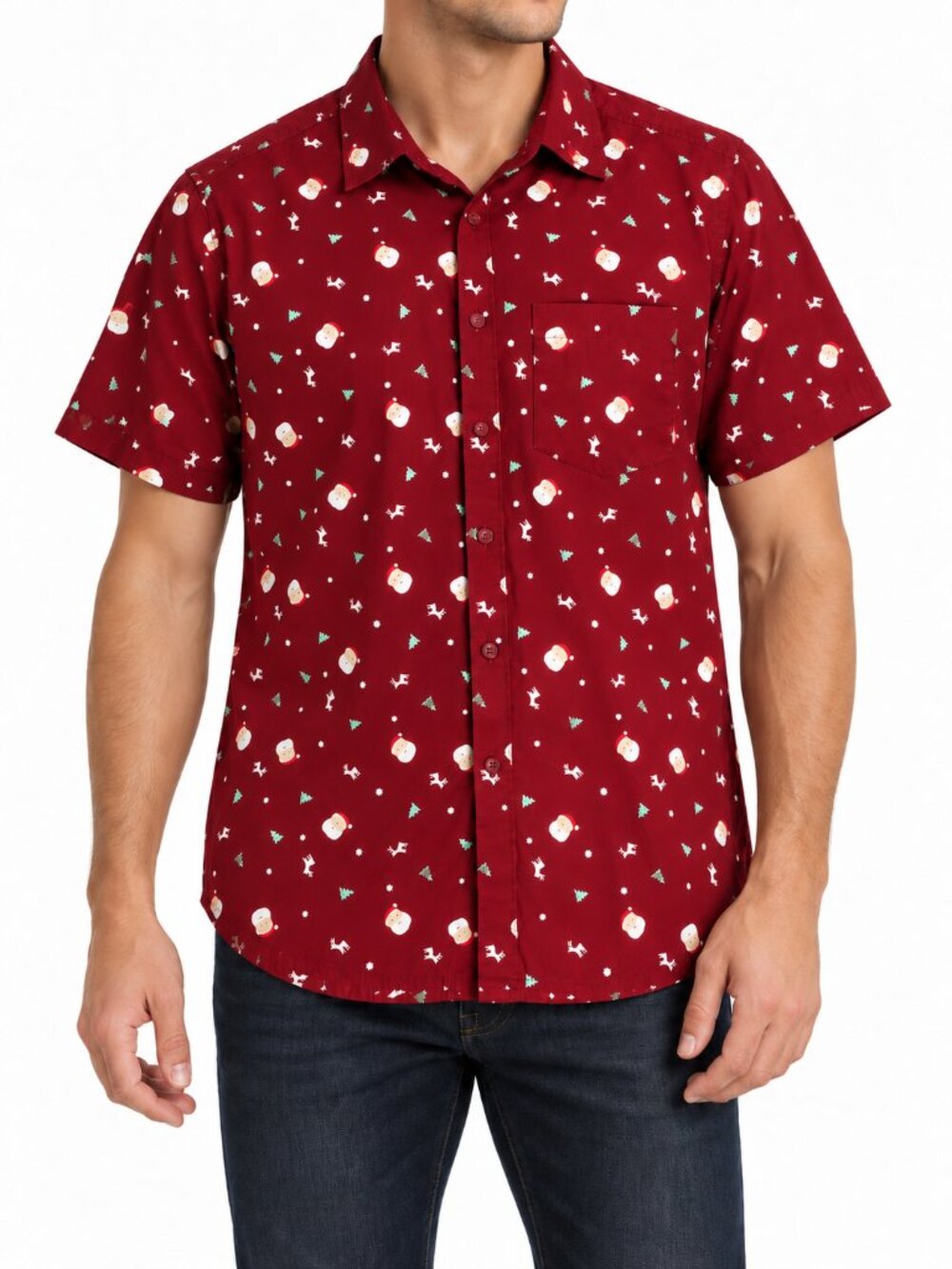 Roebuck & Co. Men's Burgundy Christmas Print Short-Sleeve Button-Up Shirt, S